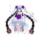  1girl alternate_costume artist_request back_ribbon bare_shoulders beads breasts bridal_garter bridal_veil collar collarbone dress elbow_gloves final_gear flower full_body gloves green_hair heart heart_necklace heart_ornament highres jewelry lace-trimmed_veil lace_trim looking_at_viewer mecha_musume mechanical_parts medium_breasts necklace nia_(final_gear) no_shoes official_alternate_costume official_art purple_eyes purple_flower purple_petals purple_rose ribbon rose see-through see-through_thighhighs see-through_veil short_hair simple_background solo tachi-e thighhighs third-party_source tiara transparent_background veil wedding_dress white_collar white_dress white_gloves white_ribbon white_tiara 