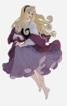 1girl aurora_(disney) bangs barefoot black_eyes black_hairband blonde_hair breasts closed_mouth commentary_request curly_hair dress full_body grey_background hairband highres kushami_deso lips long_hair long_sleeves simple_background sleeping_beauty solo 