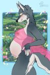  anthro big_breasts blush breasts butt canid canine canis clothed clothing countershading digital_media_(artwork) female fur hair hi_res illumination_entertainment mammal nipples nude porsha_crystal pregnant pregnant_female simple_background sing_(movie) sintsugi smile solo tail wolf yellow_eyes 