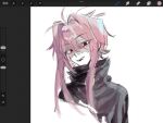  art_program_in_frame black_shirt chinese_commentary commentary_request fang hair_between_eyes hair_intakes highres male_focus nijou_ryuu open_mouth patchwork_skin pink_hair portrait procreate_(medium) procreate_(software) red_eyes saibou_shinkyoku shirt short_hair_with_long_locks simple_background sketch smile white_background wuyusilemadinglin 