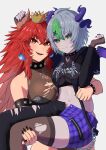  2girls absurdres apricot_the_lich apricot_the_lich_(8th_costume) black_bodysuit black_leotard black_nails black_pants black_thighhighs bodysuit bowsette bowsette_(cosplay) carrying cosplay cropped_hoodie demon_girl demon_horns demon_wings dragon_girl dragon_horns fishnet_gloves fishnets gloves green_eyes green_hair highres hood hoodie horns leotard long_hair looking_at_viewer mario_(series) meibin multicolored_hair multiple_girls nail_polish new_super_mario_bros._u_deluxe open_mouth pants princess_carry purple_nails purple_shorts red_eyes red_hair short_hair shorts smile streaked_hair super_crown thighhighs torn_bodysuit torn_clothes torn_thighhighs virtual_youtuber vshojo white_background wings zentreya zentreya_(dragon) 