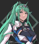  1girl bangs breasts cleavage cleavage_cutout clothing_cutout cm_lynarc commentary dark_background earrings eyebrows_visible_through_hair green_eyes green_hair hair_ornament highres jewelry large_breasts long_hair looking_at_viewer pneuma_(xenoblade) ponytail signature solo swept_bangs upper_body xenoblade_chronicles_(series) xenoblade_chronicles_2 