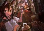  1girl absurdres animal_ear_fluff animal_ears black_hair bottle brown_eyes chair commentary_request cup dark drink drinking_glass dutch_angle fox_ears fox_girl hand_on_own_stomach happy highres holding holding_drink ice ice_cube indoors kaamin_(mariarose753) long_hair looking_at_viewer looking_to_the_side open_mouth original sitting sketch smile solo table window 