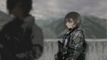  1girl absurdres assault_rifle blurry blurry_foreground brown_eyes brown_hair camouflage cloud cloudy_sky dmj_neco earrings film_grain gun highres jewelry load_bearing_vest m4_carbine military military_uniform mountainous_horizon original rifle sky sling soldier tattoo uniform weapon 