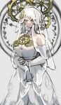  1girl bare_shoulders breasts bridal_veil cleavage clock clock_print dress e.g.o_(project_moon) faust_(project_moon) gears gloves highres limbus_company project_moon shigezie short_hair solo standing veil wedding_dress white_dress white_eyes white_gloves white_hair 