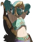  1boy arms_up arrow_(projectile) bangs blonde_hair blue_eyes bow_(weapon) circlet commentary crossdressing detached_sleeves earrings gerudo_set_(zelda) highres jewelry kushami_deso link looking_at_viewer male_focus mouth_veil navel quiver shield simple_background solo the_legend_of_zelda the_legend_of_zelda:_breath_of_the_wild upper_body veil weapon weapon_on_back white_background 
