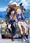  2girls ^_^ bag belt belt_buckle bicycle black_hair black_skirt blonde_hair blue_jacket blue_shirt blue_sky breasts brown_footwear brown_sweater_vest buckle car closed_eyes closed_mouth cloud collarbone commentary copyright_name day denim english_commentary floating_hair hair_ribbon highres horizon inoue_takina jacket landscape leaning_on_object license_plate long_hair long_sleeves looking_at_another lycoris_recoil medium_breasts midriff_peek mini_cooper mixed-language_commentary motor_vehicle multiple_girls neko_(yanshoujie) nishikigi_chisato ocean open_clothes open_jacket open_mouth outdoors purple_eyes red_belt red_ribbon revision ribbon road shirt short_hair shorts shoulder_bag signature single_off_shoulder skirt sky socks suitcase sweater_vest teeth tucking_hair upper_teeth_only white_footwear white_shorts white_socks 