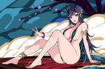  1girl :d areola_slip armlet bare_shoulders barefoot bead_bracelet beads bracelet breasts character_request commentary_request copyright_request full_body hair_ornament hidebou highres horns jewelry large_breasts long_hair looking_at_viewer open_mouth purple_hair sitting smile solo thighs 