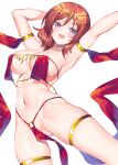  1girl :d alternate_breast_size alternate_costume armlet armpits arms_up ass_visible_through_thighs breast_curtains breasts bucchake_(asami) circlet commission dancer gold harem_outfit large_breasts love_live! love_live!_school_idol_project medium_hair nishikino_maki o-ring pelvic_curtain pixiv_commission purple_eyes red_hair revealing_clothes simple_background smile solo thighlet thighs white_background 