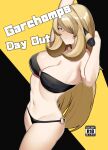  1girl armpit_crease arms_up bandeau bikini black_background black_bandeau black_bikini blonde_hair breasts cleavage content_rating cover cover_page cynthia_(pokemon) doujin_cover english_text grey_eyes hair_ornament hair_over_one_eye large_breasts long_hair looking_at_viewer navel o-ring o-ring_bikini parted_lips pokemon pokemon_dppt solo stomach swimsuit tsfsingularity two-tone_background very_long_hair yellow_background 