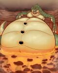 absurd_res alien anthro awoogasm belly big_belly claws digital_media_(artwork) hi_res horn kraid lava lava_pool looking_at_viewer male metroid multi_eye multicolored_body navel nintendo overweight partially_submerged red_eyes scales smile solo tail teeth teeth_showing