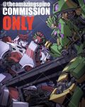  arm_wrestling autobot blue_eyes commission cross highres kamitoge_supino looking_ahead looking_at_viewer mecha_focus no_humans predacon purple_eyes ratchet_(transformers) red_cross redesign science_fiction solid_eyes transformers v-fin waspinator watermark 