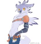 andromorph anthro armor bandai_namco canid canine clothing digimon digimon_(species) ear_piercing hi_res intersex looking_at_viewer mammal piercing pinkie_pawbs simple_background solo undressing weregarurumon white_background 