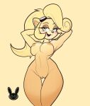  absurd_res activision anthro areola bandicoot big_breasts blonde_hair blush blush_lines breasts coco_bandicoot crash_bandicoot_(series) eyelashes eyewear eyewear_on_head female fur genitals goggles goggles_on_head green_eyes hair hands_behind_head hi_res long_hair looking_at_viewer mammal marsupial navel nipples nude open_mouth open_smile orange_areola orange_nipples pussy reiki_arts simple_background smile solo tan_background tan_body tan_fur thick_thighs thigh_gap wide_hips 