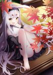  1girl :d absurdres animal_ears ass autumn_leaves azur_lane bangs barefoot blunt_bangs breasts commentary_request cushion eyebrows_visible_through_hair from_above head_tilt highres leaf leer.meer long_hair long_sleeves looking_at_viewer looking_up maple_leaf off_shoulder open_mouth panties pantyshot rabbit_ears red_panties shimakaze_(azur_lane) shouji sideboob sidelocks sitting sliding_doors smile solo thick_eyebrows toes tree underwear white_hair wooden_floor yellow_eyes 