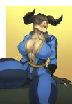  2024 anthro big_breasts breasts camel_toe claws cleavage clothed clothing deathclaw empty_eyes fallout female hi_res horn microsoft monster portrait scalie sitting solo thechurroman three-quarter_portrait vault_suit 