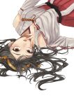  1girl black_hair brown_eyes commentary_request detached_sleeves gold_hairband hagioshi hairband haruna_(kancolle) headgear japanese_clothes kantai_collection long_hair nontraditional_miko pleated_skirt red_skirt ribbon-trimmed_sleeves ribbon_trim simple_background skirt solo upper_body white_background 