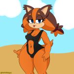  2024 anthro badger black_clothing black_swimwear blue_eyes bottom_heavy breasts brown_body brown_fur cleavage clothed clothing cutout ear_tuft eyelashes female fur hi_res looking_at_viewer mammal mustelid musteline navel navel_cutout nipple_outline nsfwlittleguy one-piece_swimsuit orange_body orange_fur sega small_breasts solo sonic_boom sonic_the_hedgehog_(series) sticks_the_jungle_badger swimwear tan_body tan_fur thick_thighs tongue tongue_out tuft wide_hips 