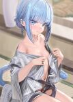  1girl bare_shoulders blue_eyes blue_hair breasts cat_tail closed_mouth collarbone commentary dot_nose highres indie_virtual_youtuber indoors japanese_clothes kanzarin kanzarin_(vtuber) kimono light_blue_hair looking_at_viewer naked_kimono navel open_clothes open_kimono small_breasts smile solo tail virtual_youtuber wide_sleeves 