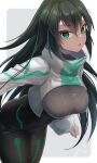 1girl :o ari_(xxrmsn_008) bent_over black_bodysuit black_hair bodysuit border breasts commentary cowboy_shot cropped_jacket double-parted_bangs green_eyes grey_background gundam gundam_build_divers gundam_build_divers_re:rise hair_between_eyes high_collar highres jacket large_breasts long_hair long_sleeves looking_at_viewer may_(gundam_build_divers_re:rise) outside_border outstretched_arm parted_lips signature skin_tight solo standing very_long_hair white_border white_jacket wide_sleeves 