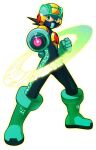  1boy aiming aiming_at_viewer arm_cannon bodysuit brown_hair full_body glowing green_bodysuit green_eyes green_footwear green_helmet hi-go! male_focus mask mega_buster mega_man_(series) mega_man_battle_network_(series) megaman.exe mouth_mask neon_trim short_hair simple_background solo spiked_hair weapon white_background 