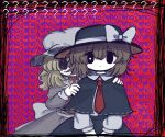  2girls ? black_border black_capelet black_eyes black_hat black_skirt blonde_hair border bow brown_hair capelet closed_mouth dress english_text grey_dress hat hat_bow hat_ribbon hiding hiding_behind_another long_sleeves looking_at_viewer maribel_hearn multiple_girls necktie red_background red_necktie ribbon shirt skirt sleepwalk_zzz standing text_background touhou upper_body usami_renko white_bow white_mob_cap white_ribbon white_shirt 