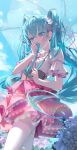  1girl absurdres blue_eyes blue_hair blue_sky blush bow cloud cloudy_sky covered_mouth crossed_bangs day dress ear_blush flower flower_hairtie frills grabbing_own_hair hair_between_eyes hair_flower hair_ornament hair_ribbon hatsune_miku highres holding holding_umbrella hya_ro hydrangea jewelry lace_trim layered_dress light_rays looking_down melt_(vocaloid) necklace outdoors pink_bow pink_dress pink_ribbon puffy_sleeves ribbon see-through short_sleeves sidelocks single_hair_intake sky solo thighhighs twintails umbrella vocaloid water_drop white_flower white_thighhighs white_umbrella 