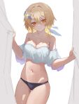  1girl absurdres bare_shoulders black_panties blonde_hair blush cowboy_shot crop_top curtains feng_ruoli_321 genshin_impact highres looking_at_viewer lumine_(genshin_impact) midriff navel no_pants off-shoulder_shirt off_shoulder panties shirt short_hair short_sleeves simple_background smile solo standing stomach thighs underwear white_background white_shirt yellow_eyes 