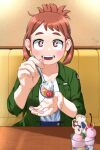  1girl artist_logo artist_name bangs blueberry blush boku_no_hero_academia brown_eyes brown_hair casual cherry cup food fruit green_jacket hair_behind_ear high-waist_pants highres holding holding_food holding_spoon ice_cream incoming_food indoors jacket looking_at_viewer marumorumeme open_mouth outstretched_hand ponytail pov restaurant shirt shirt_tucked_in short_eyebrows short_ponytail sidelocks sleeves_rolled_up solo spoon strawberry table teeth thick_eyebrows uraraka_ochako whipped_cream white_shirt 
