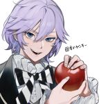 1boy apple bangs blue_eyes bow bowtie epel_felmier fang food fruit hair_between_eyes highres holding kushami_deso long_sleeves looking_at_viewer male_focus open_mouth purple_hair simple_background solo striped striped_bow striped_bowtie twisted_wonderland upper_body white_background 