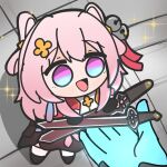  1girl bell chibi chinese_clothes dual_wielding eyebrows_hidden_by_hair full_body go_do_a_crime_(meme) gradient_eyes hair_between_eyes hair_ornament holding holding_sword holding_weapon honkai:_star_rail honkai_(series) jacket jingle_bell march_7th_(honkai:_star_rail) march_7th_(hunt)_(honkai:_star_rail) meme multicolored_eyes nepnepping official_alternate_costume official_alternate_hairstyle open_mouth out_of_frame pink_hair red_jacket shirt smile solo sword weapon white_shirt 