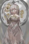  1girl arm_behind_back blue_eyes breasts bridal_veil cleavage clock dress e.g.o_(project_moon) faust_(project_moon) gears gloves hair_ornament highres limbus_company multicolored_background object_on_breast project_moon short_hair solo veil white_dress white_gloves white_hair yuqing936210 