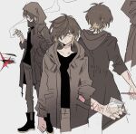  1boy bad_id bad_pixiv_id black_footwear black_shirt blonde_hair boots boxcutter brown_coat brown_hair brown_pants cigarette closed_mouth coat grey_background hair_over_one_eye highres holding holding_boxcutter holding_cigarette hood hood_down hooded_coat long_sleeves looking_at_viewer male_focus meremero multicolored_hair multiple_views pants scar scar_on_face self-harm self-harm_scar shirt short_hair slow_damage smoke smoking standing towa_(slow_damage) yellow_eyes 