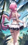  1girl :q ass back bare_legs bare_shoulders beach bikini blue_eyes blue_sky bow bracelet breasts chinese_commentary cloud commentary_request cowboy_shot criss-cross_back-straps elysia_(honkai_impact) elysia_(miss_pink_elf)_(honkai_impact) elysia_(summer_miss_elf)_(honkai_impact) from_behind hair_bow hairband highres holding holding_own_hair honkai_(series) honkai_impact_3rd jewelry jihua_tong_(miyoushe_74564856) large_breasts long_hair low-tied_long_hair ocean official_alternate_costume pink_hair pink_pupils pointy_ears profile sand scrunchie sidelocks skirt sky solo standing swimsuit tongue tongue_out white_bikini white_bow white_hairband white_scrunchie white_skirt wrist_scrunchie 