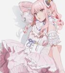  1other akiyama_mizuki asymmetrical_sleeves bangs bow dress grey_background hair_ornament highres kushami_deso parted_lips pink_dress pink_eyes pink_hair ponytail project_sekai shadow side_ponytail sidelocks simple_background sketch solo upper_body 