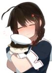  1girl admiral_(kancolle) ahoge black_gloves black_serafuku blush braid brown_hair chagen_kokimu closed_eyes closed_mouth commentary doll doll_hug eyebrows_visible_through_hair fingerless_gloves gloves hair_between_eyes hair_flaps hair_ornament kantai_collection medium_hair object_hug school_uniform serafuku shigure_(kancolle) simple_background smile solo uniform white_background 