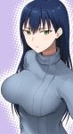  1girl blue_hair breasts closed_mouth commentary_request green_eyes grey_sweater hair_between_eyes hashi large_breasts light_smile long_hair looking_at_viewer mole mole_under_mouth simple_background smile solo sweater toki-sensei_(toki-sensei_wa_kigaetai) toki-sensei_wa_kigaetai turtleneck turtleneck_sweater 