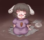  1girl :d abuse animal_ears bangs barefoot black_hair blood blood_on_clothes blood_on_face blush bob_cut bowl brown_hair bruise carrot carrot_necklace closed_eyes commentary crack dirty dirty_feet dress facing_another facing_viewer head_lift inaba_tewi injury jewelry kneeling necklace newspaper nose_blush nosebleed on_ground open_mouth pendant pet_bowl pink_dress puffy_short_sleeves puffy_sleeves rabbit_ears raised_eyebrows short_hair short_sleeves smile solo touhou yonoisan 