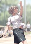  1girl arm_up baseball_bat black_shorts blue_eyes blurry blurry_background breasts commentary_request holding holding_baseball_bat jonsun medium_breasts navel open_mouth original outdoors riku_(jonsun) shirt short_hair short_sleeves shorts silver_hair solo_focus t-shirt thighs twitter_username white_shirt 