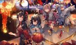  4girls :d artist_request bangs blue_eyes blue_hair chinese_clothes chinese_new_year closed_eyes dual_persona firecrackers fireworks full_body full_moon grin hair_between_eyes hair_ornament holding holding_fireworks holding_lantern honkai_(series) honkai_impact_3rd horns lantern liliya_olenyeva long_hair long_sleeves moon multiple_girls night night_sky open_mouth outdoors pink_hair red_eyes red_hair rozaliya_olenyeva seele_(alter_ego) seele_vollerei shoe_soles short_hair siblings single_horn sky smile sparkler twins 
