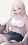  1girl absurdres arknights bangs bare_arms book breasts cleavage closed_mouth collarbone commentary covered_nipples highres large_breasts leria_v long_hair looking_down reading red_eyes shirt short_shorts shorts sitting skadi_(arknights) sleeveless solo white_hair white_shirt 