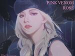  1girl black_hat blackpink blonde_hair character_name close-up dated english_commentary eren_xg7 hat highres k-pop long_hair looking_to_the_side parted_lips pink_lips profile purple_eyes real_life rose_(blackpink) solo strap twitter_username upper_body 