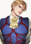  1boy ascot bdsm blonde_hair bondage bound bustersiri dio_brando glaring highres jojo_no_kimyou_na_bouken looking_at_viewer male_focus portrait red_eyes red_rope rope shibari shibari_over_clothes shirt simple_background solo sweater_vest white_background white_shirt 