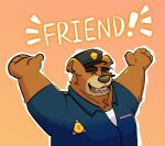  2024 4_fingers anthro bear brok_the_investigator brown_body brown_nose clothing cowcat_games fingers hat headgear headwear hi_res male mammal open_mouth police police_hat portrait r.j._(brok_the_investigator) rominwolf shirt simple_background slightly_chubby smile solo topwear 