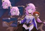  absurdres black_footwear black_shorts blue_eyes blue_sky blush boots breasts cape cleavage closed_eyes closed_mouth clothing_cutout cloud cloudy_sky cup eden_(honkai_impact) elf elysia_(honkai_impact) elysia_(miss_pink_elf)_(honkai_impact) floating full_moon hair_between_eyes hair_ornament hand_in_own_hair highres holding holding_cup honkai_(series) honkai_impact_3rd large_breasts long_hair moon pink_hair pink_pupils pointy_ears rio_(user_kzxp8757) shirt short_shorts shorts side_cutout sitting_on_animal sky smile thigh_boots thighs toasting_(gesture) very_long_hair whale white_shirt zettai_ryouiki 