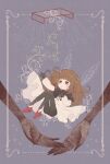  1boy 1girl absurdres black_capelet black_gloves black_pantyhose black_ribbon black_shorts blue_background blunt_bangs border brown_hair capelet child deemo deemo_(character) disembodied_hand drawn_wings dress eleanor_(ohmyeleanor) english_commentary falling frilled_dress frills girl_(deemo) gloves hand_on_own_chest hand_up highres light_blush long_hair neck_ribbon out_of_frame pantyhose parted_lips plant red_footwear ribbon shorts sidelocks solo_focus sparkle tears vines white_border white_dress 