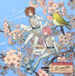  2boys bad_id bad_pixiv_id bird blue_sky branch brown_hair cherry_blossoms ensemble_stars! flower full_body green_eyes highres jacket long_sleeves looking_at_another male_focus meremero mikejima_madara multiple_boys oukawa_kohaku outdoors pants pink_flower pink_hair purple_eyes shoes short_hair sitting sitting_on_branch sky smile standing translation_request white_footwear white_jacket white_pants 