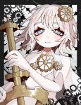  1444tmt 1girl blue_eyes blush bridal_veil dress e.g.o_(project_moon) faust_(project_moon) gears highres holding holding_weapon limbus_company looking_at_viewer multicolored_background project_moon short_hair solo sparkle thick_eyelashes veil weapon wedding_dress white_hair 