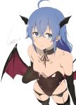  1girl adjusting_clothes ahoge armpit_crease bat_wings black_collar black_gloves black_leotard black_thighhighs blue_eyes blue_hair breasts brown_dust_2 collar demon_girl eyebrows_hidden_by_hair feet_out_of_frame from_above garter_belt gloves groin head_wings highleg highleg_leotard leotard long_bangs long_hair looking_at_viewer low_wings mushoku_tensei roxy_migurdia signature simple_background sitnon small_breasts solo thighhighs very_long_hair white_background wings 