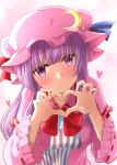 1girl ascot blush breasts crescent crescent_hat_ornament frilled_sleeves frills hat hat_ornament heart heart_hands long_hair mob_cap patchouli_day patchouli_knowledge pink_hat purple_eyes purple_hair ram_hachimin red_ascot solo touhou upper_body 